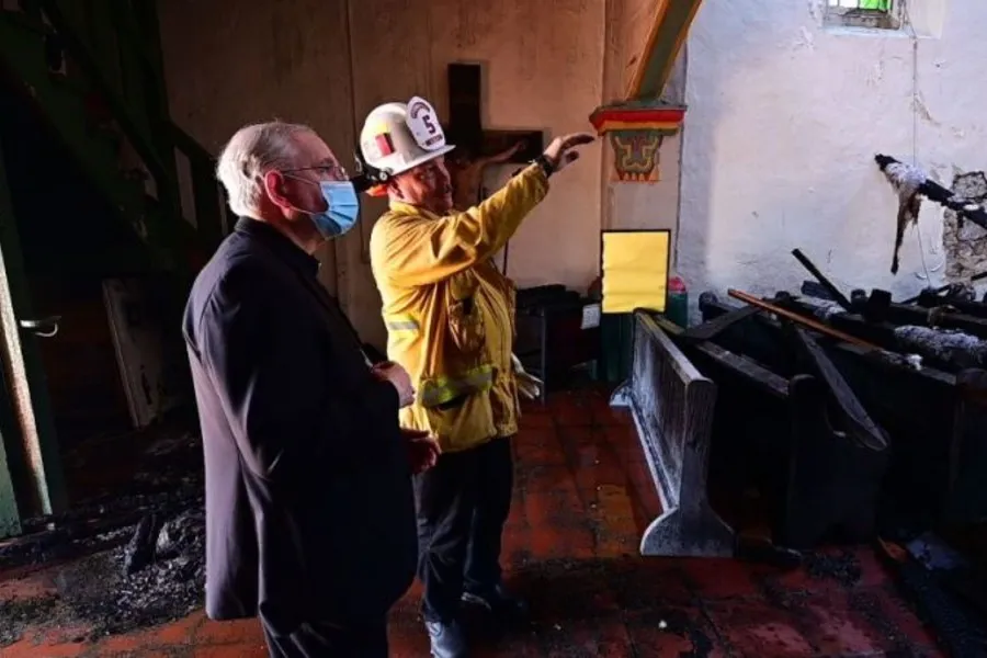 Archbishop Jose Gomez of Los Angeles visits the scene of the fire at San Gabriel mission, July 11, 2020?w=200&h=150